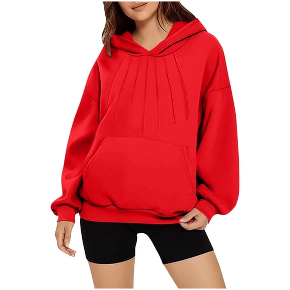 HAPIMO Hoodies for Women Casual Comfy Long Sleeve Pullover Tops Fall Winter Trendy Hoodie Solid Pleats Kangaroo Pocket Hooded Sweatshirts Red M