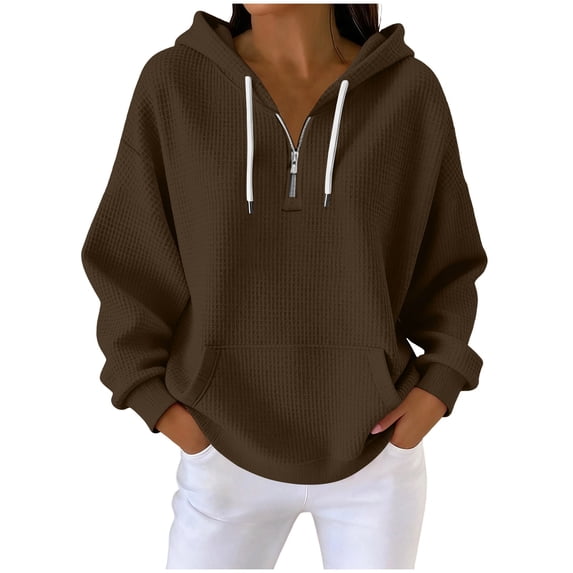 HAPIMO Hoodies for Women Loose Casual Long Sleeve Sweatshirts Quarter Zip Pullover Tops Mid Length Solid Sweatshirts with Kangaroo Pocket Brown S
