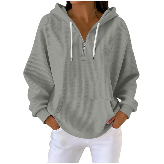 HAPIMO Hoodies for Women Loose Casual Long Sleeve Sweatshirts Quarter Zip Pullover Tops Mid Length Solid Sweatshirts with Kangaroo Pocket Gray S