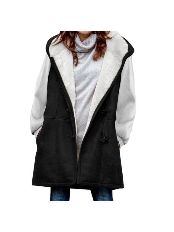 Horn Toggle Button Hooded Jacket Coat Pocket for Women Holiday Open Front Teen Girls Solid Trendy Outwear Sleeveless Casual Relaxed Daily Warm Black XXL