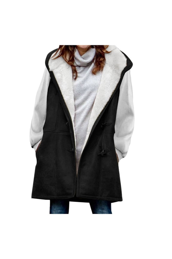 Horn Toggle Button Hooded Jacket Coat Pocket for Women Holiday Open Front Teen Girls Solid Trendy Outwear Sleeveless Casual Relaxed Daily Warm Black XXL