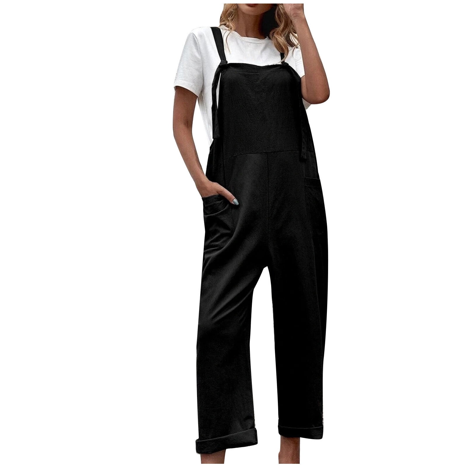 HAPIMO Jumpsuit Overalls Cotton Pants Romper for Women Sleeveless Scoop Neck Trousers Leisure Relaxed Bandage Adjust Trendy Clothes Retro Solid Color Black M Walmart
