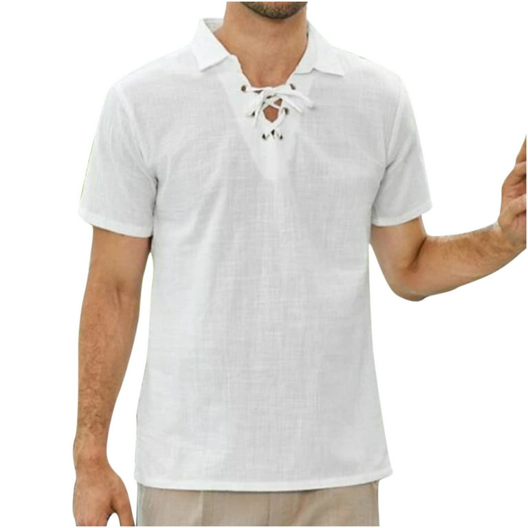 HAPIMO Lapel Collar Fashion Tops Short Sleeve T-Shirt for Men Solid Color  Blouse Casual Loose Fit Lanyard Tee Clothes Men's Summer Shirts White XXL