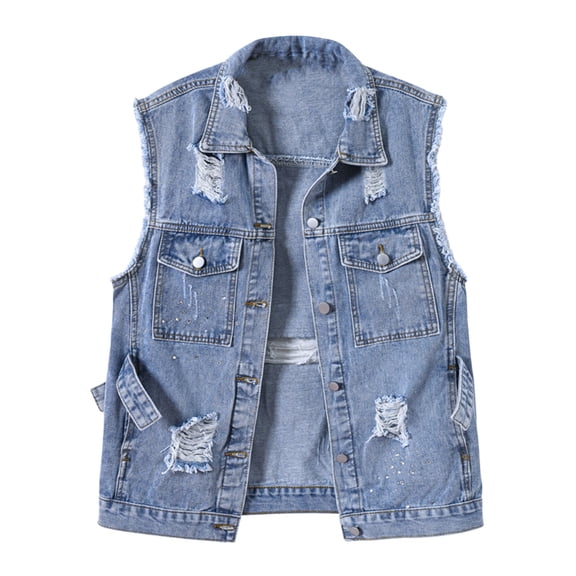 HAPIMO Lightweight Biker Denim Jacket Cropped Coat Motorcycle Suit for Women Outwear Solid Trendy Holiday Sleeveless Turn Down Collar Zipper Up Casual Retro Girls Blue XL