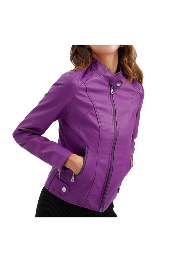 Lightweight Biker Leather Jacket Cropped Coat Motorcycle Suit for Women Outwear Trendy Holiday Long Sleeve Stand Collar Zipper-Up Casual Retro Pocket Solid Girls Purple L