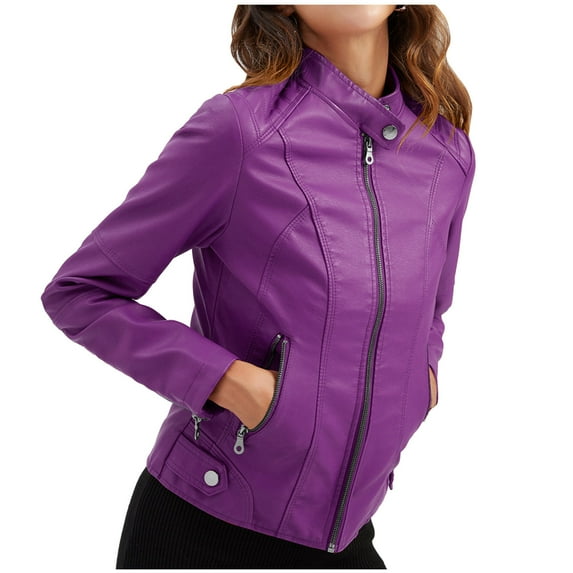 HAPIMO Lightweight Biker Leather Jacket Cropped Coat Motorcycle Suit for Women Outwear Trendy Holiday Long Sleeve Stand Collar Zipper-Up Casual Retro Pocket Solid Girls Purple S