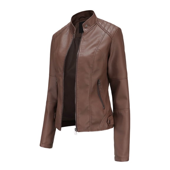 HAPIMO Lightweight Biker Leather Jacket Cropped Coat Motorcycle Suit for Women Outwear Trendy Holiday Long Sleeve Stand Collar Zipper-Up Casual Retro Pocket Solid Girls Coffee S