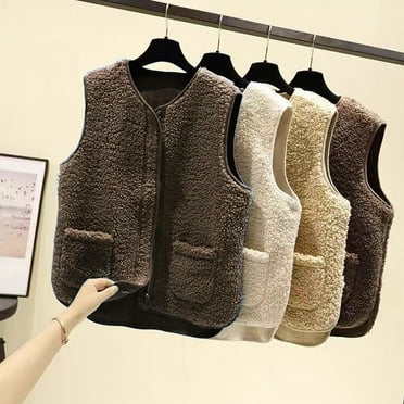 HAPIMO Lightweight Cotton Vest Jacket Pocket Fleece for Women Holiday Casual Relaxed Daily Warm Teen Girls Solid Color Trendy Outwear Cloth Open Front Sleeveless Coffee S