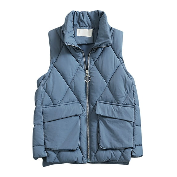 HAPIMO Lightweight Vest Padded Puffer Jacket Pocket for Women Solid Color Holiday Sleeveless Stand Collar Zipper Casual Relaxed Daily Warm Teen Girls Trendy Outwear Cloth Blue M