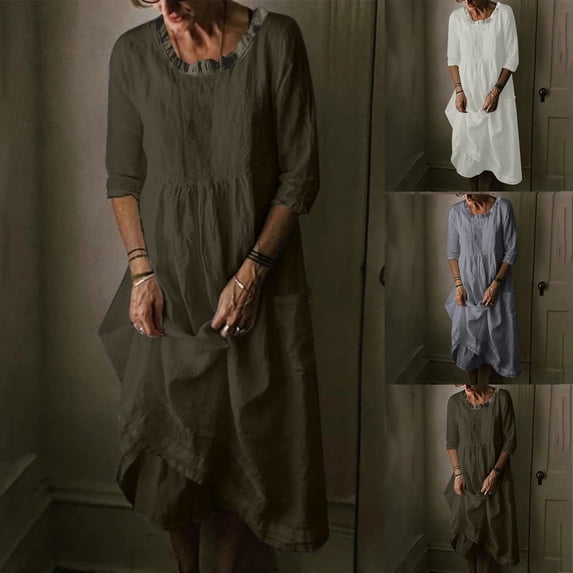 HAPIMO Long Maxi Dress for Women Clearance Solid Color Beach Comfy Leisure Vacation Short Sleeve Summer Clothing Retro Boho Round Neck Sundress Dark Gray L