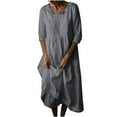 thumbnail image 1 of HAPIMO Long Maxi Dress for Women Solid Color Beach Comfy Leisure Vacation Short Sleeve Summer Clothing Retro Boho Round Neck Sundress Gray L, 1 of 5