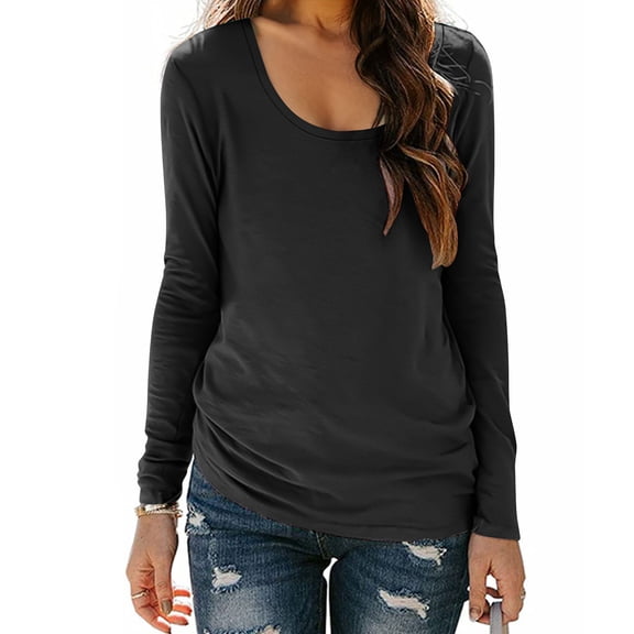 HAPIMO Long Sleeve Shirts for Women Loose Fit Basic Layer Shirts Casual Scoop Neck Pullover Tops Loungewear Blouses Going Out Tops Black XXL