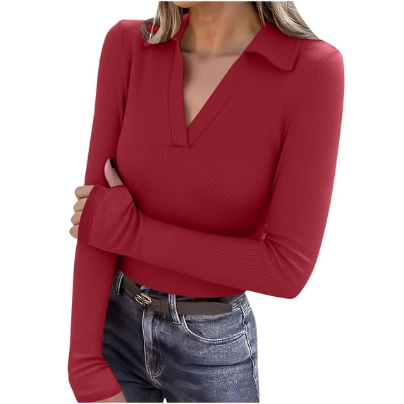 HAPIMO Long Sleeve V Neck Shirts for Women Spring Fall Thermal Tops Slim Fit Basic Layer Blouses Elegant Casual Shirts Out GO Tops Red XXL
