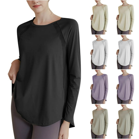 HAPIMO Long Sleeve Yoga Shirts for Women Crew Neck Back Split Tunic Tops Casual Loose Solid Tshirts Activewear Lightweight Running Black L