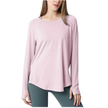 HAPIMO Long Sleeve Yoga Shirts for Women Crew Neck Back Split Tunic Tops Casual Loose Solid Tshirts Activewear Lightweight Running Clearance Pink S