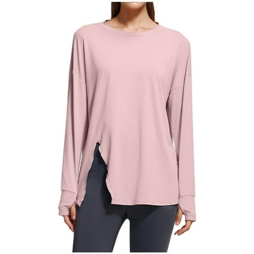 HAPIMO Long Sleeve Yoga Shirts for Women Crew Neck One Side Split Tunic Tops Casual Loose Solid Tshirts with Thumb Holes Clearance Pink L