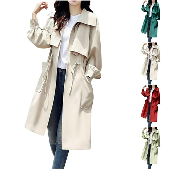 HAPIMO Long Trench Coat Women Stylish Jacket Lightweight Fall Coat Elegant Solid Jacket Coat Casual Drawstring Waist Open Front Classic Lapel Overcoat Blue L