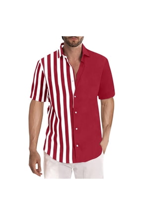 Loose Hawaiian Beach Shirts for Men Fashion Tees Stripe Color Block Teens Tops Short Sleeve Turndown Collar Button Activewear Casual Relaxed Summer Red XXXXL