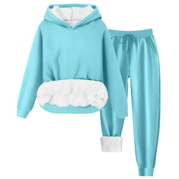 HAPIMO Loose Lounge Sets for Women Fleece Lined Warm 2 Piece Outfits Casual Long Sleeve Hooded Sweatshirt Drawstring Sweatpants Light Blue XXXL
