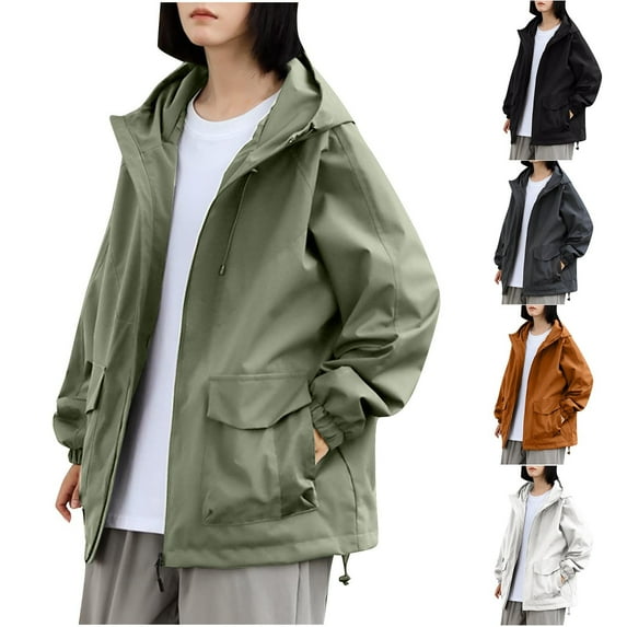 HAPIMO Men Women Oversized Raincoat Hooded Zipper Cargo Jacket Lightweight Windbreaker Fall Fashion Clothes Unisex Jackets Winter Workout Black L