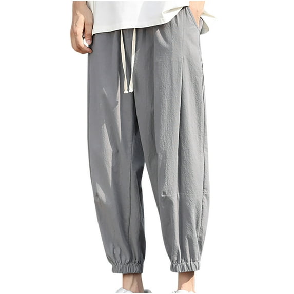 HAPIMO Men's Cotton Linen Jogger Cuff Pants Summer Discount Sale Elastic Waist Drawstring Comfy Fashion Casual Loose Workout Sports Trousers for Boys Solid Gray XXXL