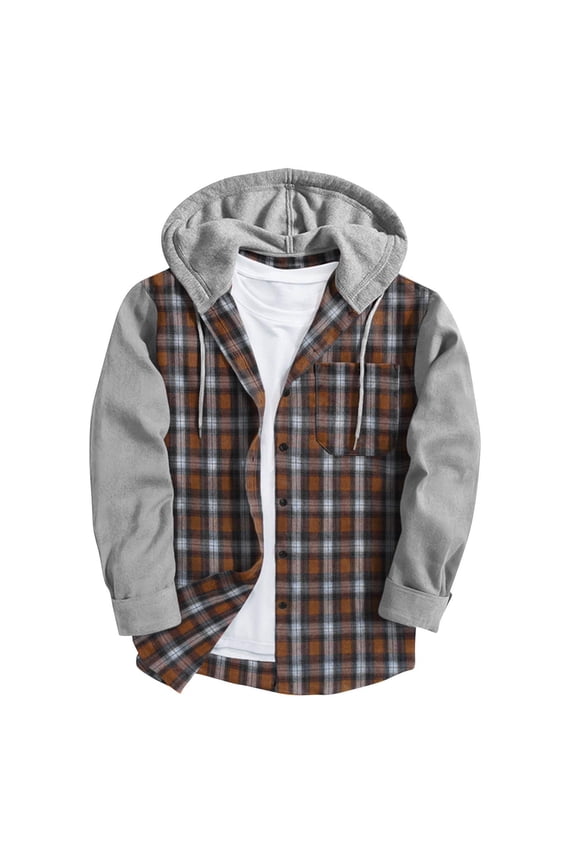 Men's Fashion Flannel Fake Tow Piece Jacket Thick Quilted Plaid Printed Color Patchwork Hooded Jacket Padded Cotton Jacket with Pocket Blue XXL
