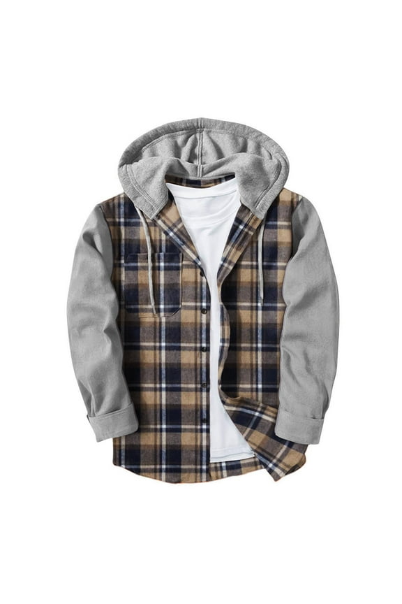 Men's Fashion Flannel Fake Tow Piece Jacket Thick Quilted Plaid Printed Color Patchwork Hooded Jacket Padded Cotton Jacket with Pocket Blue L