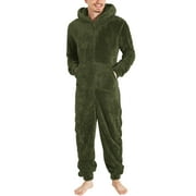 HAPIMO Men's Hooded Jumpsuit Pajamas Sleepwear Sales Holiday Solid Color Fashion Clearance Athletic Tops Zipper Up Tees Comfy Daily Soft Fleece Winter Warm Army Green