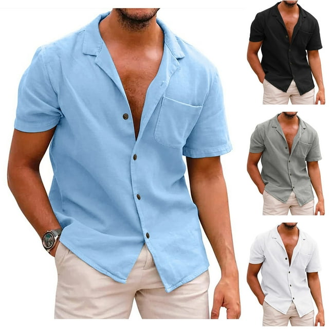 HAPIMO Men's Loose Cotton Linen Shirts with Pocket Fashion Lapel Pullover Sale Clothing Solid Tees Summer Hawaiian Beach Button Short Sleeve Shirts White S