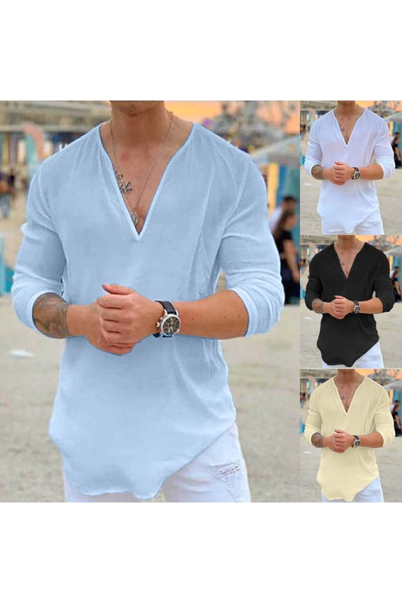 Men's Loose Cotton Linen Tops Fashion Deep V Neck Pullover Sale Solid Color Tees Clothing Summer Half Sleeve Shirts Leisure Comfy Black L