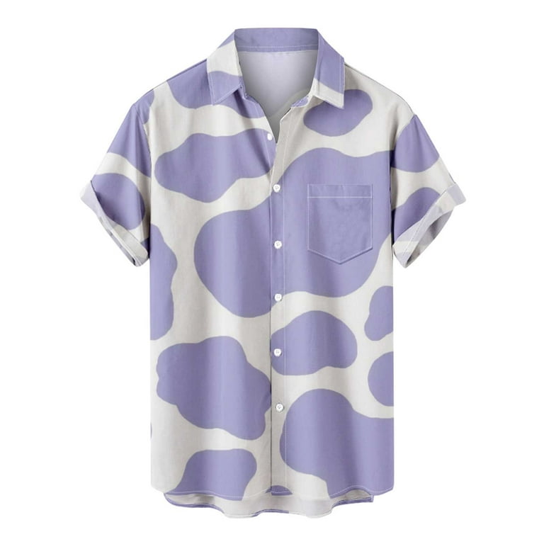 HAPIMO Men's Loose Shirts with Pocket Discount Cow Print Tees Summer Short  Sleeve Shirts Lapel Pullover Button Leisure Sale Clothing Fashion Purple  XXXL 