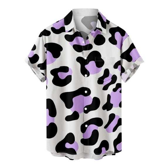 HAPIMO Men's Loose Shirts with Pocket Cow Print Tees Summer Short Sleeve Shirts Lapel Pullover Button Leisure Clothing Fashion Purple XXXXL