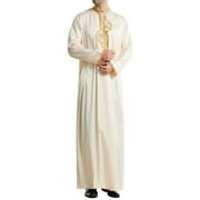 HAPIMO Men's Muslim Islamic Ramadan Jubbah Comfy Fashion Solid Embroidered Long Sleeve Tops Stand Collar Tees Saudi Arab Long Kaftan Robe Holiday Beige S