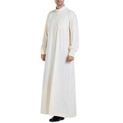 HAPIMO Men's Muslim Islamic Ramadan Jubbah with Pocket Comfy Fashion Solid Long Sleeve Tops Stand Collar Button Down Tees Holiday Saudi Arab Long Kaftan Robe Beige S