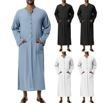 HAPIMO Men's Muslim Islamic Ramadan Jubbah with Pocket Fashion Solid Comfy Long Sleeve Tops V Neck Button Tees Saudi Arab Long Kaftan Robe Holiday Black S