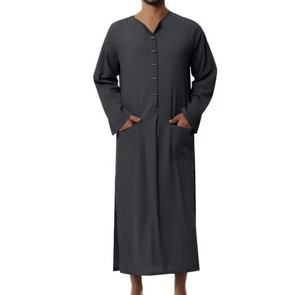 HAPIMO Men's Muslim Islamic Ramadan Jubbah with Pocket Long Sleeve Tops Crew Neck Tees Saudi Arab Long Kaftan Robe Holiday Solid Embroidered Fashion Comfy Gray L