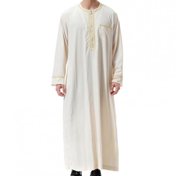 HAPIMO Men's Muslim Islamic Ramadan Jubbah with Pocket Long Sleeve Tops Crew Neck Tees Saudi Arab Long Kaftan Robe Holiday Solid Embroidered Fashion Comfy Beige XL