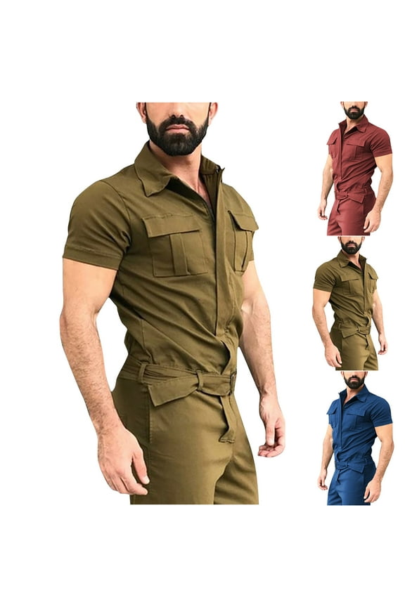 Men's Shorts Jumpsuit Rompers Summer Fashion Comfy Sale Solid Short Sleeve Lapel Pocket Button Trousers for Boys Green L