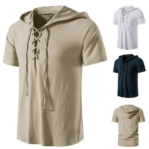 HAPIMO Men's Slim Cotton Linen Hooded Tops Summer Fashion Sale Short Sleeve Shirts V Neck Pullover Drawstring Leisure Clothing Solid Tees Khaki L
