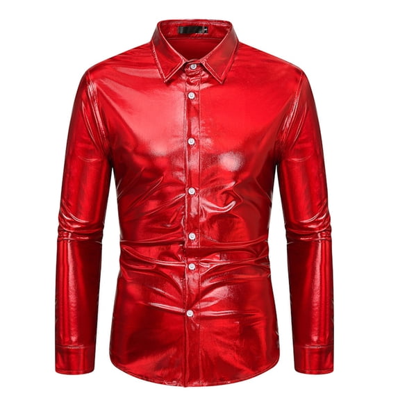 HAPIMO Men's Slim Party Shirts Long Sleeve Athletic Tops Shiny Solid Color Lapel Button-Up Tees Comfy Daily Casual Costume Holiday Fashion Wine