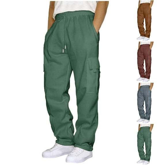 HAPIMO Men's Straight Leg Pants Cargo Sweatpants Outdoors Running Holiday Clearance Solid Color Elastic Waist Drawstring Trendy Trousers Athletic Casual Relaxed Sport Army Green L