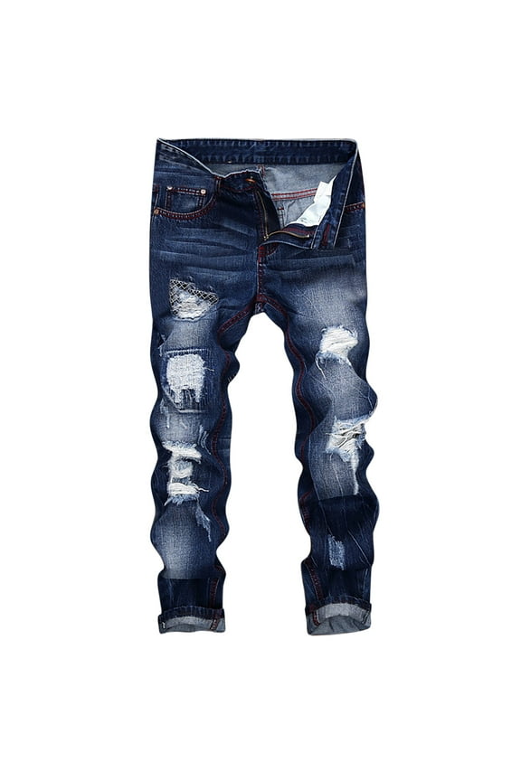 Men's Straight Leg Ripped Pants Slim Cotton Linen Jeans Mid Waist Zipper Dungarees Trendy Trousers Athletic Solid Color Holiday Casual Relaxed Blue M