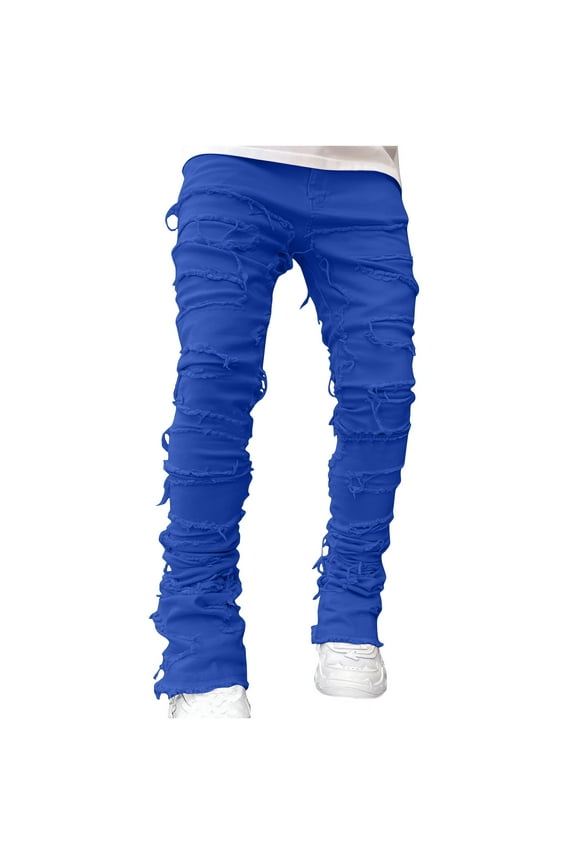 Men's Straight Leg Ripped Pants Slim Cotton Linen Jeans Solid Color Dungarees Holiday Mid Waist Zipper Trendy Trousers Athletic Casual Relaxed Blue L