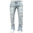 thumbnail image 1 of HAPIMO Men's Straight Leg Ripped Pants Slim Cotton Linen Jeans Solid Color Holiday Mid Waist Zipper Trendy Trousers Casual Relaxed Dungarees Athletic Light Blue M, 1 of 1