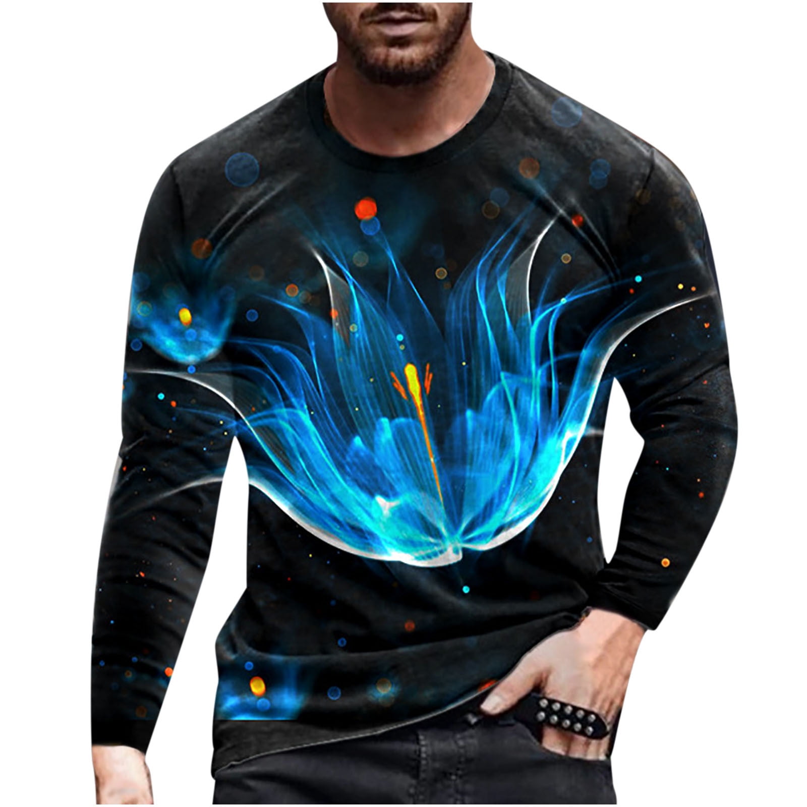 HAPIMO Men's Summer Shirts Casual Slim Fit Color Block Tee Clothes 3D  Digital Graphic Print Blouse Round Neck Fashion Tops Long Sleeve T-Shirt  for Men Blue M 