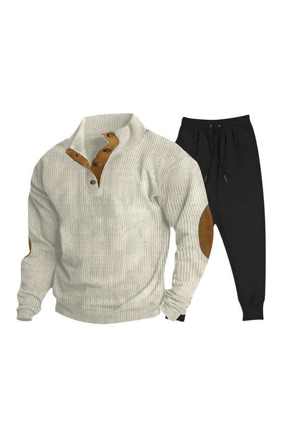 Men's Tracksuits Sweatshirt and Pants Sets Long Sleeve Stand Collared Hoodless Corduroy Pullover Outfit Sets 1/4 Button up Fashion Fall Casual Loose Sweatshirts Plain Beige,L Sports Sets