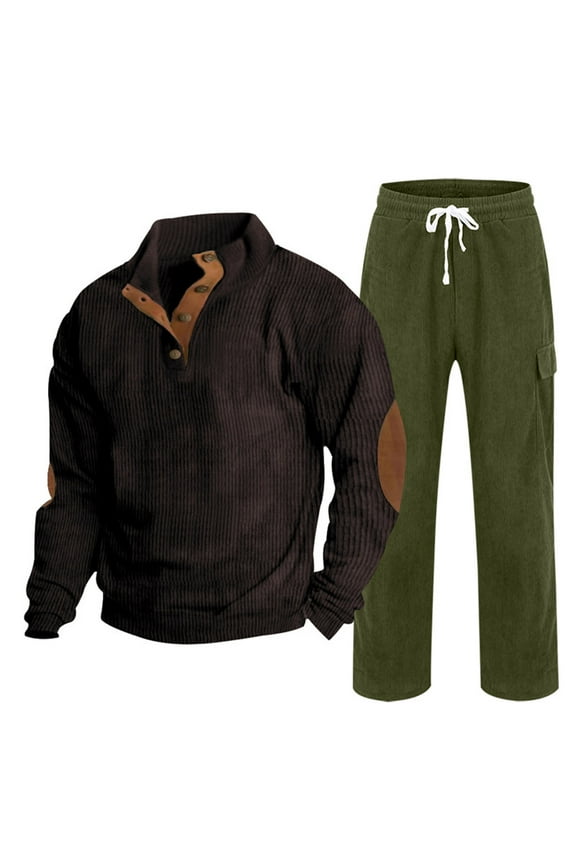 Men's Tracksuits Sweatshirt and Pants Sets Long Sleeve Stand Collared Hoodless Corduroy Pullover Outfit Sets Plain Fashion Fall 1/4 Button up Casual Loose Sweatshirts Army Green,L Sports Sets
