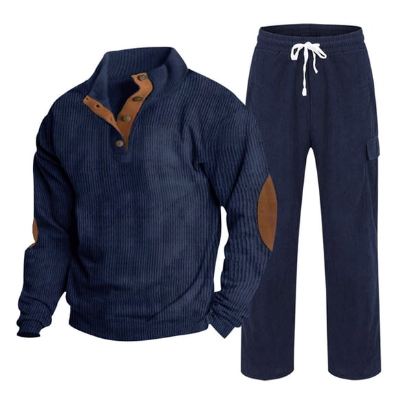 HAPIMO Men's Tracksuits Sweatshirt and Pants Sets Plain Stand Collared Hoodless Corduroy Pullover Fashion Fall 1/4 Button up Casual Loose Sweatshirts Long Sleeve Spring Outfits Navy,M Spring Tops