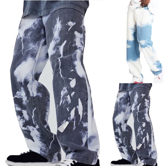 HAPIMO Men's Wide Leg Pants Loose Jeans Clearance Holiday Mid Waist Dipdye Trendy Trousers Casual Relaxed Punk Athletic Dungarees Blue L