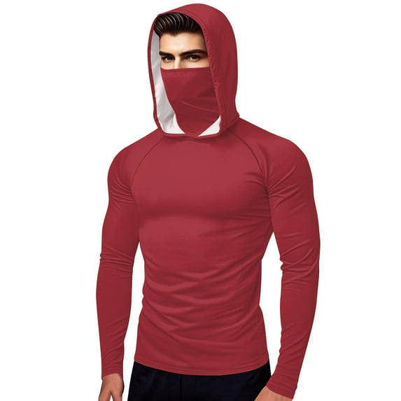 HAPIMO Men's and Women's Casual Hoodies Loose Fit Long Sleeve Solid Pullover Tops Mask Lightweight Ice Sick Sun Protection Athletic Fishing Shirts Red S